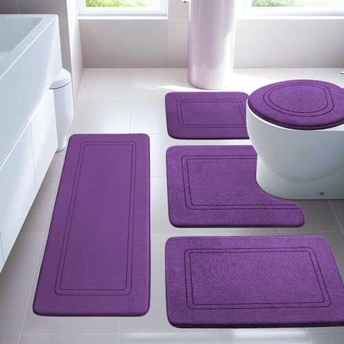 Purple Memory Foam Bathroom Rug Set - 5 Piece Non Slip Bath Mats, Absorbent & Quick Drying for Bathroom Floor - color: Purple, size: 5pieces