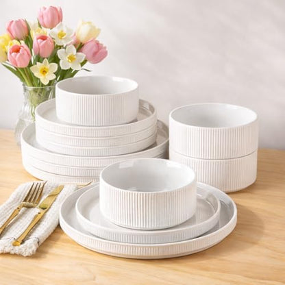 GBHOME Stoneware Dinnerware Sets for 4, 12 Pieces Plates and Bowls Set | Lightweight Ceramic Ribbed Dishes, Reactive Glaze Stackable Plate Set, Scratch Resistant, Microwave & Dishwasher Safe,White - color: White