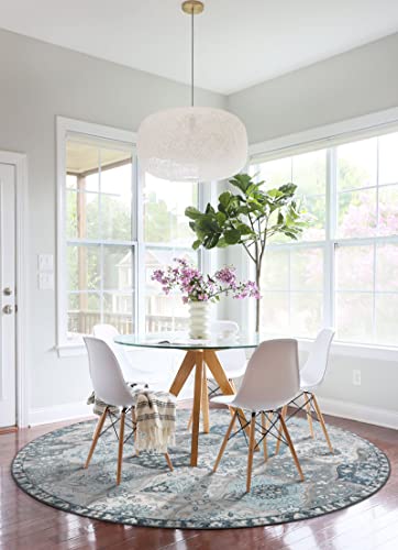 Lahome Moroccan Trellis Round Rug, 5ft, Blue, Faux Wool, Machine Wash, Non-Slip Backing, Low Pile, Floral Pattern, Area Rug for Bedroom, Living Room, Bathroom | Ultra-Thin Small Boho Circle Carpet for Entryway Kitchen Bedroom Nursery Bathroom Vionnet, Blu