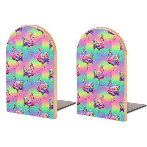 Wood Bookends with Metal Base Heavy Duty Bookend, Flamingo Pink Rainbow | Decorative Book Ends, Non-Skid for Bookshelf Home Decoration, 1 Pair - color: Style(511)