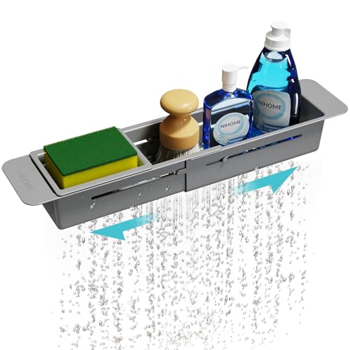 NiHome Extendable Kitchen Sink Caddy, Small Brush Sponge Storage Holder | Expandable Kitchen In Sink Organizer for Brush & Sponge w/ Drainage, Adjustable Length, Non-Slip Pads Durable ABS (Dark Gray) - color: Dark Gray, size: Standard