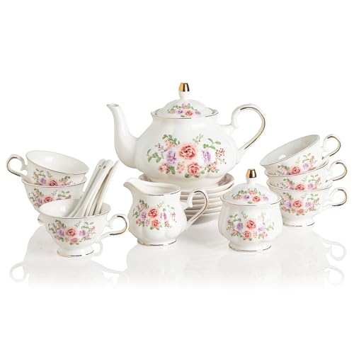 Sweejar Porcelain Tea Set Vintage Floral, British Relief Gold Rim Teapot Cup and Saucer Sets, 22-Piece Tea Sets for Adults, with Teapot, Sugar Bowl, Milk Jug, Spoons, Cup and Saucer (Rose Flower) - color: Rose Flower