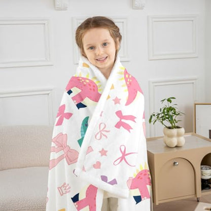 Cute Dino Kids Fleece Blanket,Kawaii Bowknot Heart Princess Style Throw Blanket for Adult,Pink Blue Dinosaur Cartoon Animal Lightweight Polyester Sofa Sherpa Blanket, Queen (90 x 90 Inch) - color: 01 White Pink, size: Queen