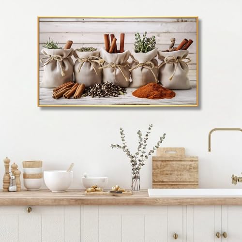 Kitchen Canva Wall Art, Spices and Herbs Large Unique Painting Canvas Print, Large Kitchen Canvas Wall Art Decor, Kitchen Canvas Wall Art Decor, Kitchen Pictures Wall Decor, Kitchen Wall Decor (Gold Metal Framed, 59"x 33"| 150x84cm) - color: Gold Metal Fr