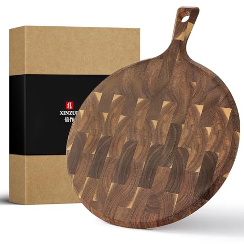 XINZUO Acacia Wood End-Grain Round Cutting Board with Handle for Kitchen Bread Pizza Cheese Fruit Charcuterie Serving Cutting Board, Two-sided Use, 16.7 x 12.5 x 0.75 inches - size: 16.7"L x 12.5"W