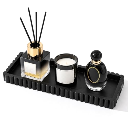 Bathroom Vanity Tray - 9.4''x3.9'' Silicone Bathroom Tray with Scalloped Edge, Counter Top Tray for Vanity Sink Countertop, Decorative Organizer for Cosmetics Jewelry, Rectangular, Black - color: Black, size: 9.4" x 3.9" x 0.7"