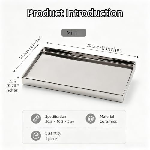8" x 4" Shiny Silver Ceramic Vanity Tray, Rectangular Mirror Finish Jewelry Organizer, Elegant Trinket Dish for Makeup, Rings, Perfume and Small Bathroom Dresser Decor - size: 8" x 8" x 0.8"