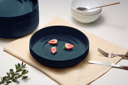 KooK Ceramic Large Pasta Bowls, Microwave and Dishwasher Safe, Great for Soups and Salads, Shallow Serving Bowls, Glossy Porcelain, 47 oz, Set of 4, Navy Blue - color: Navy Blue