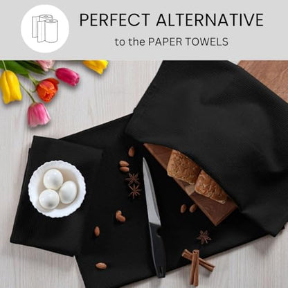 Waffle Kitchen Towels Large 16x26 inch 100% Cotton Set of 4 - Soft Absorbent Washable Tea Towel for Kitchen - Dish Cloths Quick Drying - 320 GSM Quality Dish Towels Black - color: Black