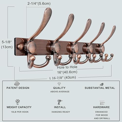Coat Rack Wall Mount, Heavy Duty 12-Gauge Base vs Flimsy 1mm, Double-Thick Solid Anti-Snap Hooks, 16” Stud-Mount,Stainless Steel Hanger for Clothes Hat Entryway Closet, Antique Copper,Pack of 2 - color: Antique Copper, size: L=17" (2pcs)