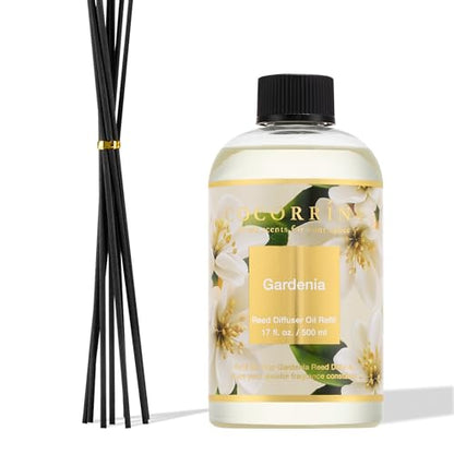 Reed Diffuser Refill Gardenia 17oz (500ml) with 8 Sticks - Premium Long-Lasting Scented Oil, Home Fragrance for Bedroom, Bathroom Home Decor - size: 17oz