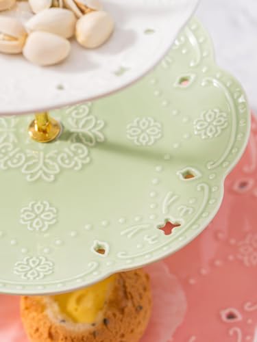 Jusalpha 3-Tier Multi Color Solid Ceramic Serving Stand (3 Color-Gold) | Adjustable Cake Stand-Dessert Stand-Cupcake Stand-Tea Party Serving Platter comes with a sugar tong - color: Gold