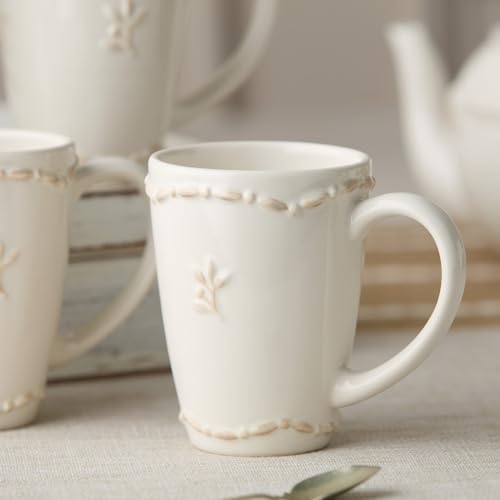 Heritage Beads Stoneware Mug Set of 4 – Classic Ivory Coffee & Tea Cups with Embossed Bead Rim & Sprig Detail – Elegant Everyday Farmhouse Mugs for Hot Beverages