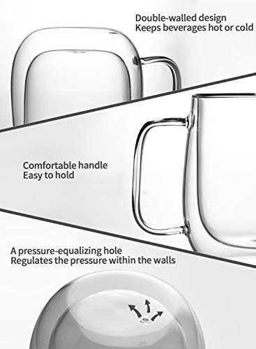 Kanwone Large Glass Coffee Mugs - 14 Ounce - Double Wall Insulated Glasses with Handle, Clear Glass Coffee Mugs, Perfect for Latte, Macchiato, Americano, Cappuccino, Tea and Beverage, Set of 2