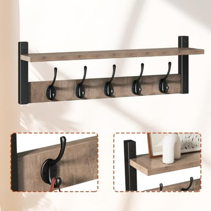 47.2" Coat Rack Wall Mount with Shelf and 10 Hooks, Silver Gray UHWS004Y-2 | 2 Pack Coat Hooks Wall Mount, Wood Wall Mounted Coat Rack with Hooks, Coat Hanger Wall Mount, Wall Hooks for Hanging - color: Silver Gray