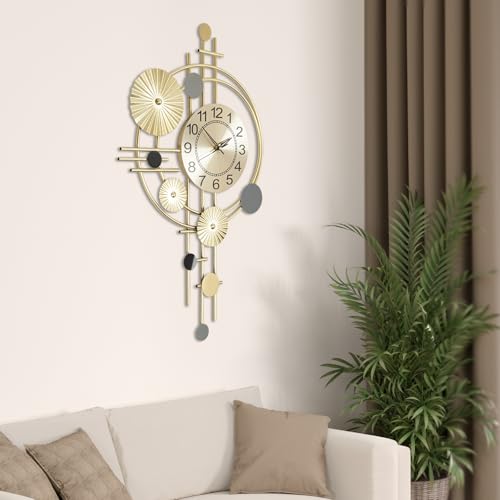 Metal Wall Clock Luxury Decorative Art Clock Modern Silent Wall Clock Battery Powered Round Wall Decor Clocks for Home Living Room Bedroom Kitchen Office Decoration, Gold