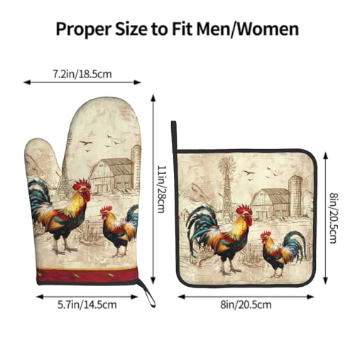 Farm Rooster Oven Mitts and Pot Holder Set of 2 Rustic Chicken Kitchen Potholders Heat Resistant Oven Glove for Baking Cooking Grilling BBQ - color: Farm Rooster