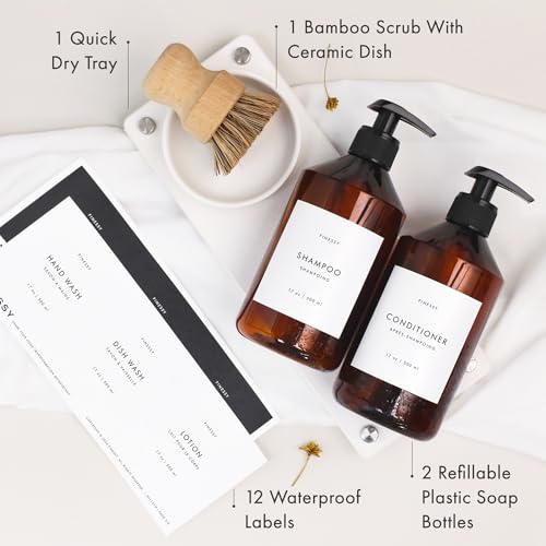 FINESSY 500ml Bathroom and Kitchen Soap Dispenser Set with Tray and Brush | BPA Free PET Plastic Amber Soap Dispensers, Not Breakable Glass. Marble-Look Tray, 18 Waterproof Labels, Pumps, Funnel, Brush - color: Luxe Amber