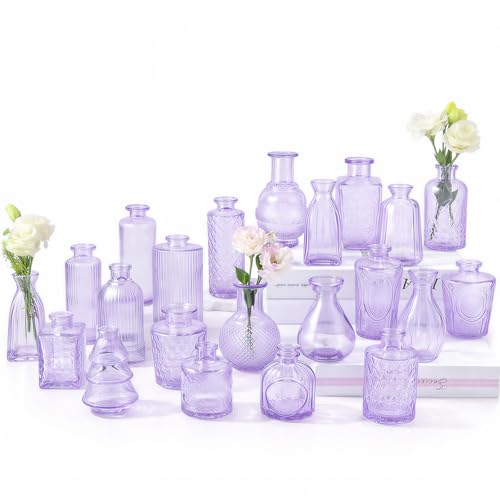 Glass Bud Vases Mini Flower Vase Small Vintage Vases for Centerpiece Table Wedding Decorations Home Decor Party(Purple 22 Pack) - style: Purple 22 Pack