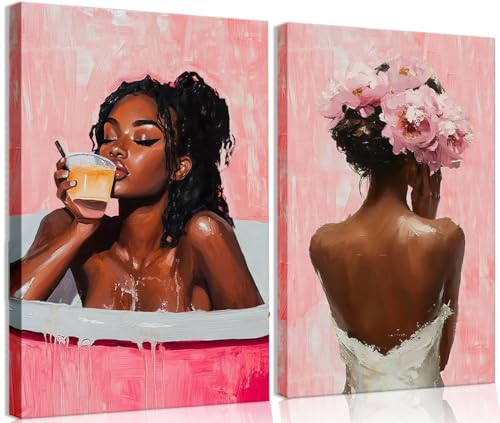 Framed modern abstract African American women's wall Art (Set 2), canvas high-definition printing, Bohemian black girl bathtub coffee fashion with pink flower on her head Black woman picture, living room, bedroom, bathroom, office decoration, 12x16 inches