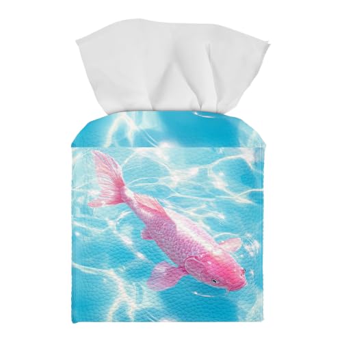 Tissue Box Cover Square, PU Leather Tissue Box Holder for Bathroom, Living Room & Office Desk, Pink Koi Fish in Clear Blue Water, Decorative Modern Tissue Box Cover - color: Pink Koi Fish in Clear Blue Water