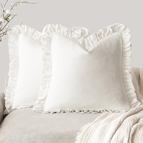 Foindtower Set of 2 Decorative Soild Fringe Ruffle Throw Pillow Covers Soft Boho Farmhouse Cushion Cover Cozy Accent Retro Pillowcase for Couch Sofa Bed Living Room Home Decor,18×18 Inch,White - color: White, size: 18" x 18" (Pack of 2)