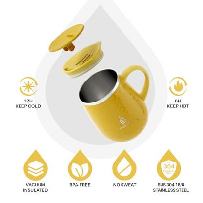 Ideus 16 oz Insulated Coffee Mug with Handle and Lid, Double Wall Stainless Steel Vacuum Thermal Coffee Mug, Travel Coffee Cup Thermal Cup for Home and Office (Leopard Yellow, FUJI DAWN) - color: Leopard Yellow