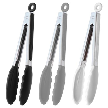 HINMAY 9-Inch Serving Tongs Silicone Tongs, Set of 3 (Black White Gray) - color: Black Gray White