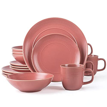 Arora RINGAR Round Stoneware 16pc Dinnerware Set of 4, Dinner Plates, Side Plates, Cereal Bowls, Mugs - Speckle Matte Red (395476) - color: Speckle Matte Red-Bowl/Mug, style: Round-Service for 4(16pcs)