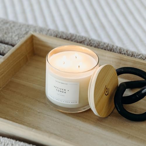 Vetiver & Tonka 3 Wick Scented Candle - 43 Hour Burn | Made in the USA Luxury Clean Soy Wax Candles - Long Lasting Large Glass Jar Candle for Home - 3 Wicks - 14.9oz - color: Vetiver + Tonka