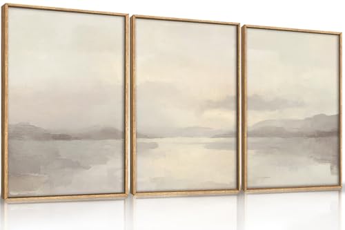 LHIUEM Large Abstract Neutral Beige Pastel Framed Canvas Wall Art,Modern Watercolor Lakes Wall Decor,Nature Mountain Minimalist Artwork for Living Room,Bedroom,Dining Room,Office -16"x24"x3 - color: Abstract Neutral Beige Pastel Wall Art, size: 24"L x 16"
