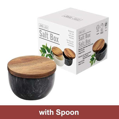 jalz jalz Black Marble Salt Cellar with Wood Lid, Large 10oz & Spoon - color: Natural Cover Black Base