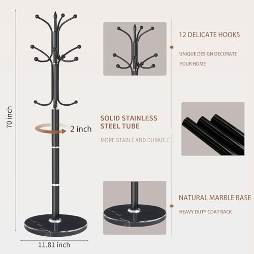 Coat Rack Stand,Black Metal Coat Rack Freestanding with 12 Hooks | Modern Coat Rack with Natural Marble Base,Heavy Duty Coat Hanger Stand, Coat Hall Clothes Tree Stand for Office,Bebroom - color: Black-12Hooks