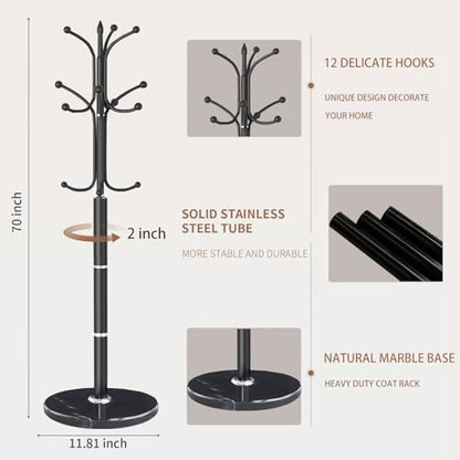 Coat Rack Stand,Black Metal Coat Rack Freestanding with 12 Hooks | Modern Coat Rack with Natural Marble Base,Heavy Duty Coat Hanger Stand, Coat Hall Clothes Tree Stand for Office,Bebroom - color: Black-12Hooks