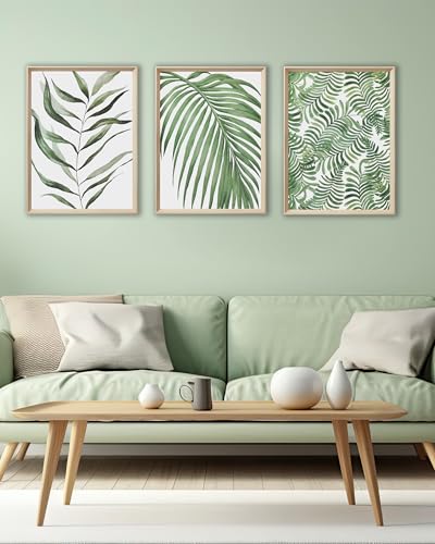 UPWOIGH Sage Green Botanical Framed Wall Art, 12 x 16 Inch, Set of 3 | Watercolor Leaf, Palm and Fern Prints, Sage Green Botanical Design, Light Wood Frames for Bedroom, Office and Gallery Wall - color: Green MDF