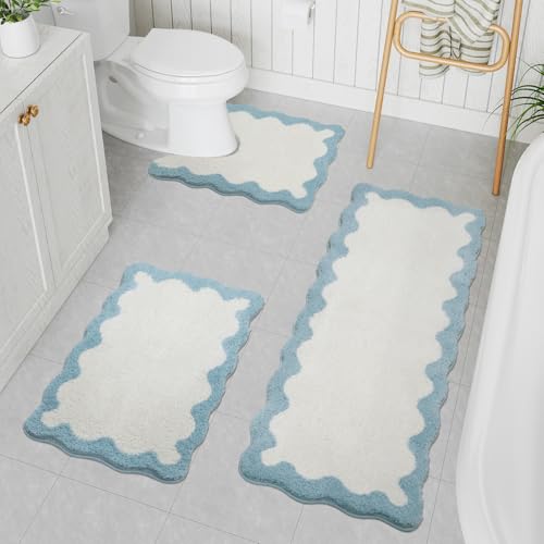 Uphome Blue Bathroom Rug Set Scalloped Non-Slip Absorbent Bathroom Mats Sets 3 Piece Cute Plush Machine Washable Shower Mat with U-Shaped Contour Toilet Rug for Shower Toilet Sink - color: Blue, size: 18"x26"+18"x47"+U Shape 20"x24"