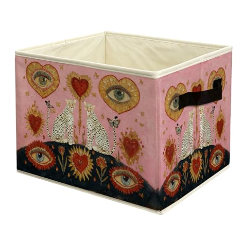 Maximalist Eclectic Pink Leopard Storage Basket Bin with Handles, Mystical Funky Jungle Cheetah Eye Heart Collapsible Fabric Storage Organizer for Girl Dorm Shelves Closet Clothes Toys - color: colour 1
