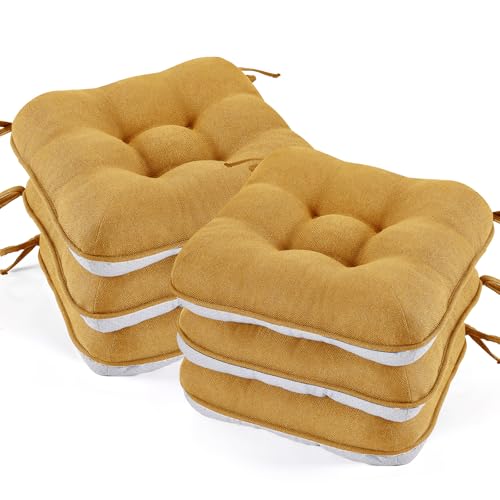 BETU Chair Cushions for Dining Chairs Set of 6,3.5" Thick Kitchen Table Chair Pads with Ties,Non Slip Backing and Covers, Seat Cushion for Dining Room,Bar,Patio Chairs,15.5"X15.5"X3.5",Yellow - color: Caramel, size: 15.5"x15.5"x3.5" (6 Pack)