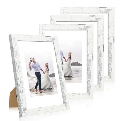 iRahmen 8x12 Picture Frame Set of 4 with High Definition Glass, Distressed White Frame Display 6x8 Picture with Mat or 8 x 12 Without Mat, Wood Rustic Photo Frames for Tabletop and Wall Mounting - color: Distressed White, size: 8X12