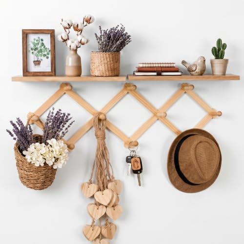 3 Pcs Hat Rack for Wall -accordion Wall Hanger & 2 Pcs Floating Walls Shelf | 37.8" Expandable Accordion Wall Hanger with 10 Hook, 15.7" Floating Display Shelves, Wall Hanging Decor Organizer for Hat Key