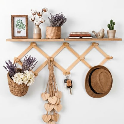 3 Pcs Hat Rack for Wall -accordion Wall Hanger & 2 Pcs Floating Walls Shelf | 37.8" Expandable Accordion Wall Hanger with 10 Hook, 15.7" Floating Display Shelves, Wall Hanging Decor Organizer for Hat Key