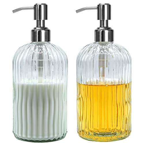 Clear Glass Soap Dispenser 18 oz, 2 Pack Hand Dish Soap Dispensers Bathroom with Stainless Steel Pump, Refillable Kitchen Liquid Decorative Bottles for Hand Sanitizer, Lotion - color: Clear X 2