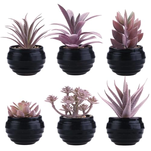 GREENTIME 6Pcs Purple Artificial Succulents in Plastic Pots Fake Plants | Small Fake Succulents Plants Purple Room Decor for Women, Decor for Bathroom Office Bedroom Desk Table Shelf Kitchen - color: Purple Pink-black Ribbed Pot