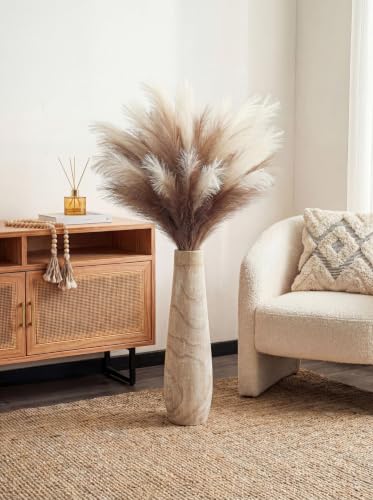 Hanobe Tall Wood Floor Vase for Pampas Grass, 22 in, Boho Beige | Paulownia wood grain with whitewashed finish, for rustic, farmhouse living room decor, break-resistant, pet-friendly.