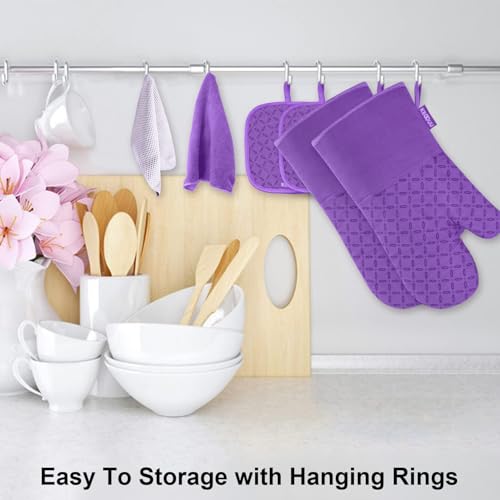 KEGOUU Oven Mitts and Pot Holders 6pcs Set, Kitchen Oven Glove High Heat Resistant 500 Degree Extra Long Oven Mitts and Potholder with Non-Slip Silicone Surface for Cooking (Purple) - color: Purple