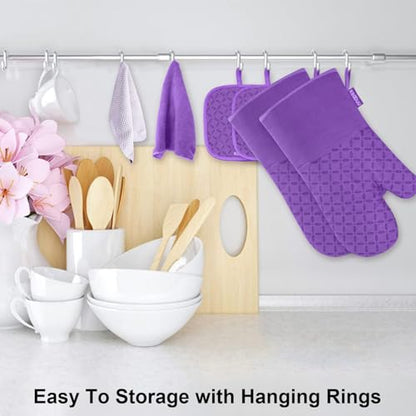 KEGOUU Oven Mitts and Pot Holders 6pcs Set, Kitchen Oven Glove High Heat Resistant 500 Degree Extra Long Oven Mitts and Potholder with Non-Slip Silicone Surface for Cooking (Purple) - color: Purple