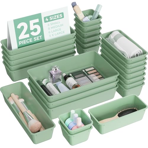 BiuLeon 25 PCS Plastic Drawer Organizers Set, 4-Sizes Vanity and Makeup Organizer, Desk and bathroom Drawer Organizer Trays, Organizers and Storage for Makeup, Jewelry, Gadgets, Utensils (Green) - color: Green