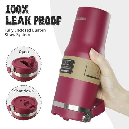 30oz Flip Straw Insulated Water Bottle with Handle, Leak Proof Stainless Steel Travel Tumbler With Lid, Double Wall Vacuum Iced Coffee Travel Mug, Sport Cup, Outside use - color: WineRed