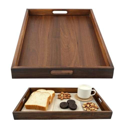 Acacia Wood Serving Tray with Handles, 17"x12" Large Rectangular Decorative Wooden Tray, Coffee Table Tray for Breakfast, Drinks, Snacks in Bed, Decorative Wooden Tray for Home