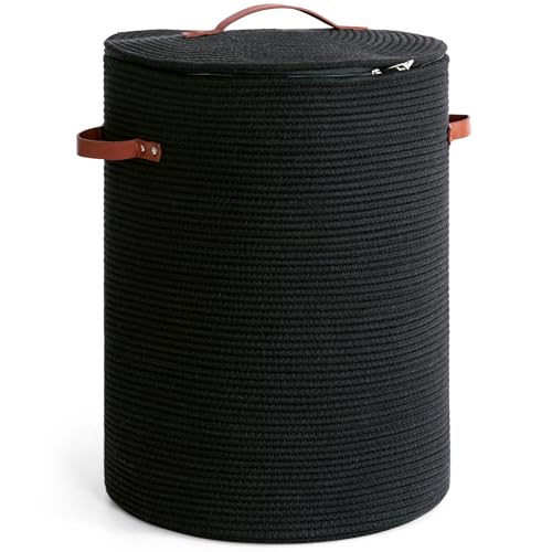CHICVITA Large Woven Laundry Basket with Lid & Leather Handles, 60L, Black | 15" x 20" Tall Laundry Hamper, Storage Basket for Blanket, Pillows, Clothes & Toys, Fits Living Room & Nursery Décor - color: Black